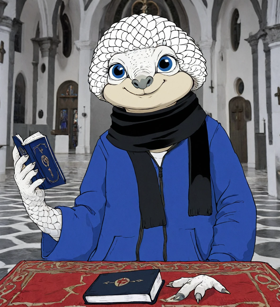 White Shag Beetle, Pangolins skin, Circle Eye, Zig zag Mouth, Fez Hat, blue tracksuit, Black scarf, by Kaeit VanDorn \(skchkko\), looking at viewer, Revulsion, holding Holy Bible, Church, dramatic motion lines
