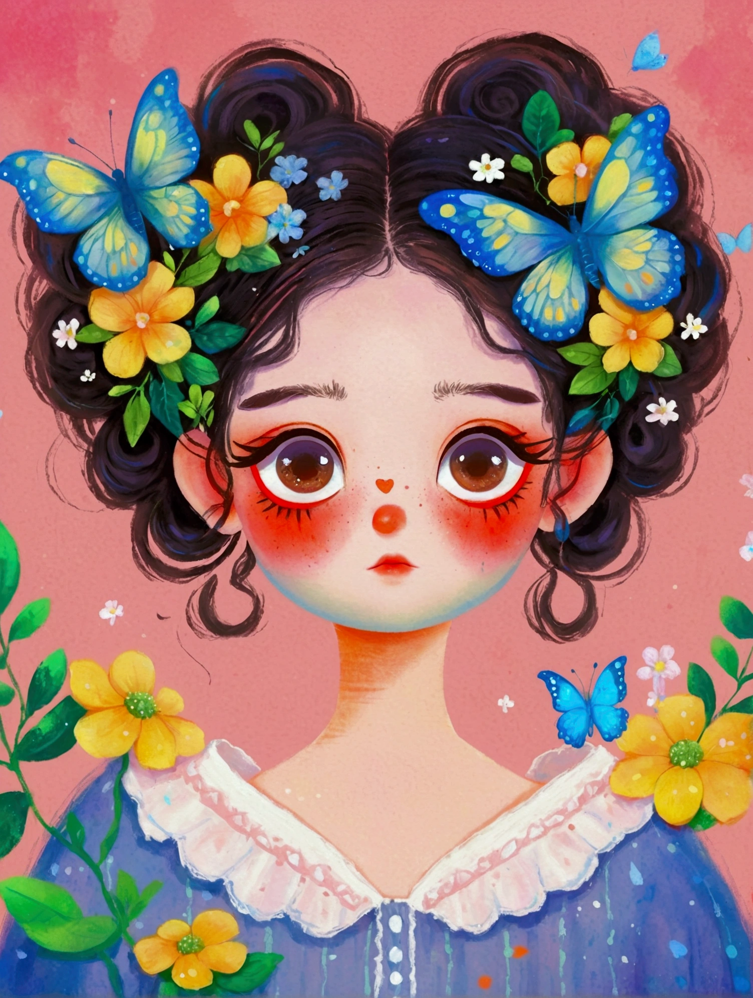 A painting，Pastel Art：a painting of a girl with a butterfly in her hair, a digital painting by Li Song, artstation, fantasy art, big eyes，symmetry，a beautiful artwork illustration, cute digital art, cute detailed digital art, digital cartoon painting art, trending on artstration, cute art style, realistic cute girl painting, beautiful digital illustration, beautiful art uhd 4 k, adorable digital painting