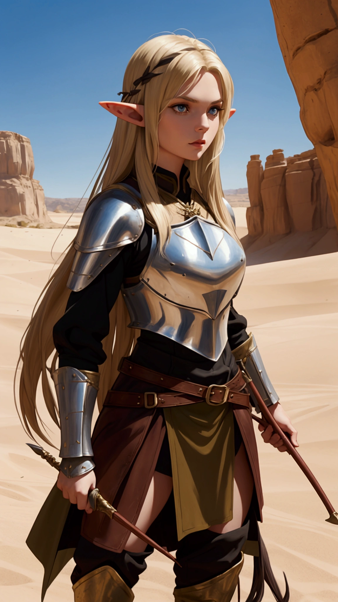 Young elf woman, Long straight blonde hair, wearing leather breastplate and medieval clothes, wielding a bow, in a desert, best qualityer, high fantasy.