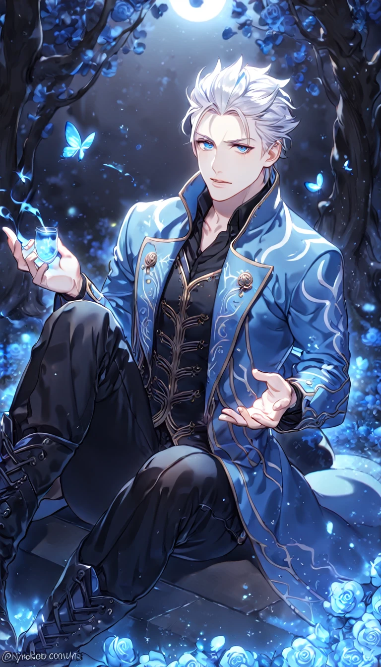 absurdres, highres, ultra detailed, HDR, master piece, best quality, Vergil, white hair, slicked up, expressive blue eyes, Devil May Cry, solo, sexy man sitting, handsome, sensual, blue coat, black shirt, black pants, magical, fantasy, under a blue tree, blue flames, blue moon, blue fireflies, blue roses, blue butterflies, glass magic