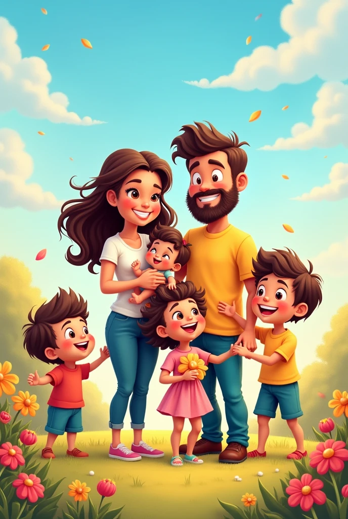 A family of seven, brunettes, with husband and wife, three boys, one girl with curls, one baby, cartoon