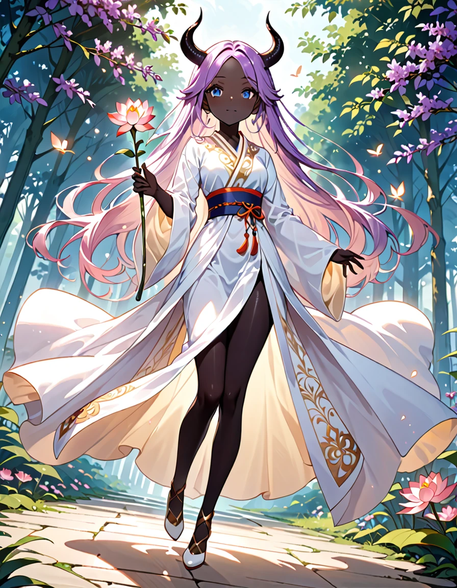 (((masterpiece, best quality, high detailed, 16k))) (1girl) A serene and graceful healer with long, flowing lavender hair and gentle blue eyes. She is draped in soft, flowing robes of white and pastel purple, embroidered with delicate floral patterns. Her hands emit a soft, healing glow, and she carries a staff topped with a blooming lotus flower. ((full body view)) (devil:1.3), (pure black skin:1.3), (dynamic angle:1.2).