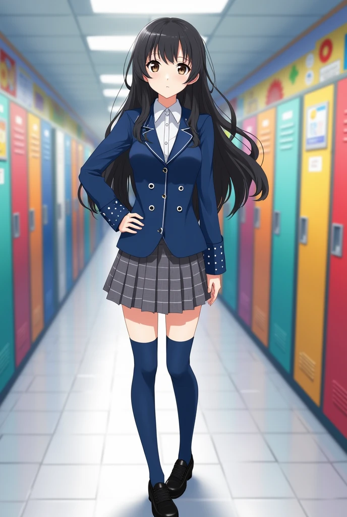 anime girl, long wavy black hair that reaches her shoulders, she has hazel eyes and fair skin. A white formal shirt, The sleeves of the shirt have black dots., It's usually under a blue jacket with two rows of buttons in the middle., she is wearing a short gray skirt with gray squares, she has blue socks up to her thighs, black school shoes.