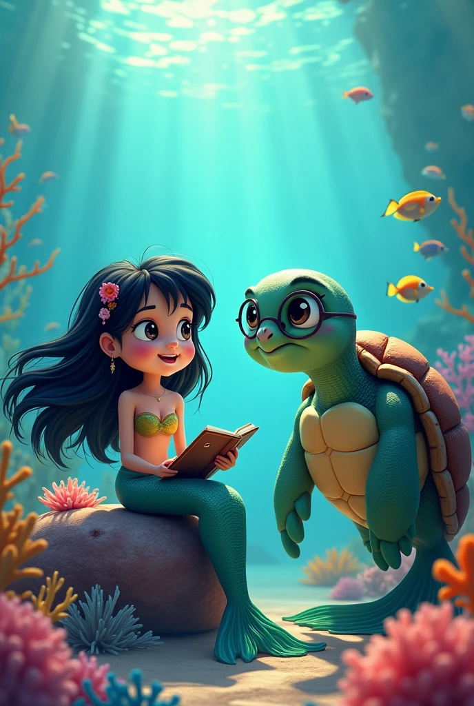 Cartoon drawing of a little mermaid with black hair and a notebook in her hands, receiving lessons from a sea turtle wearing glasses, who also has a wand in his hand.

