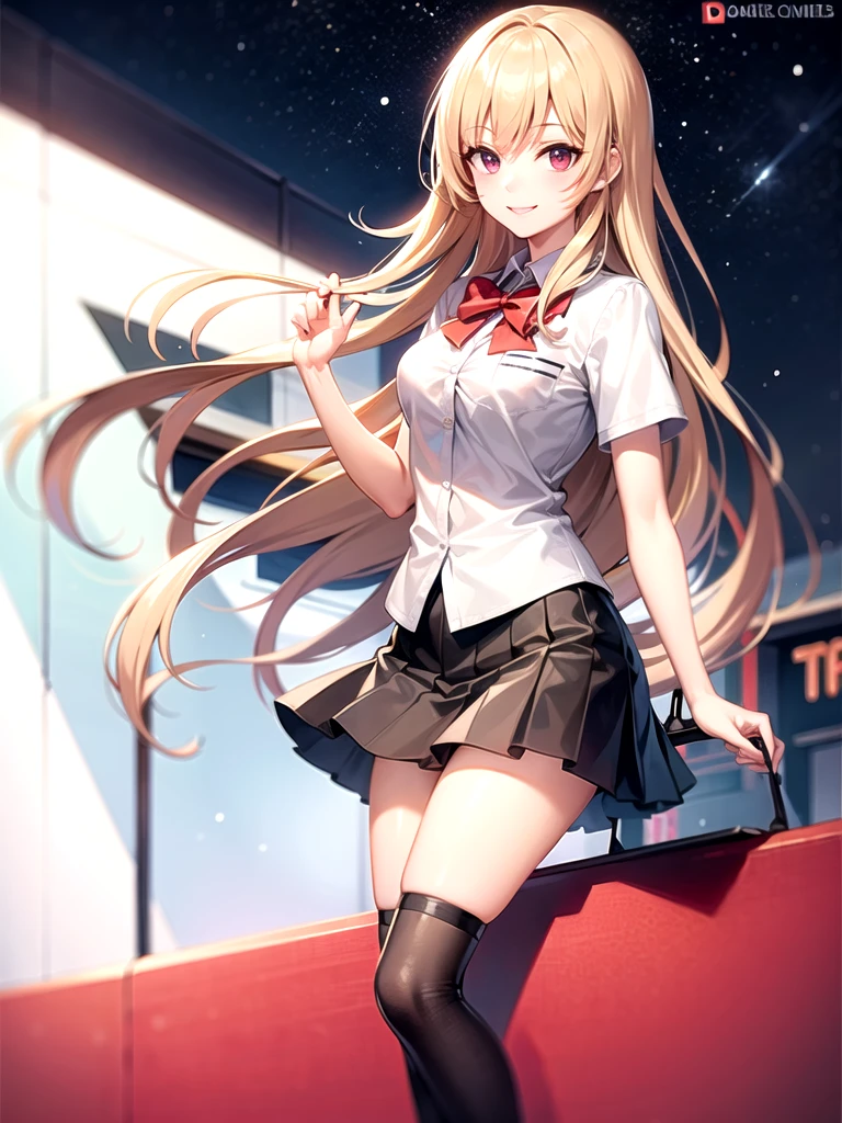 highest quality, long blonde hair, high school girl, School uniforms,Red eyes,smile,Game Center,UFO Catcher