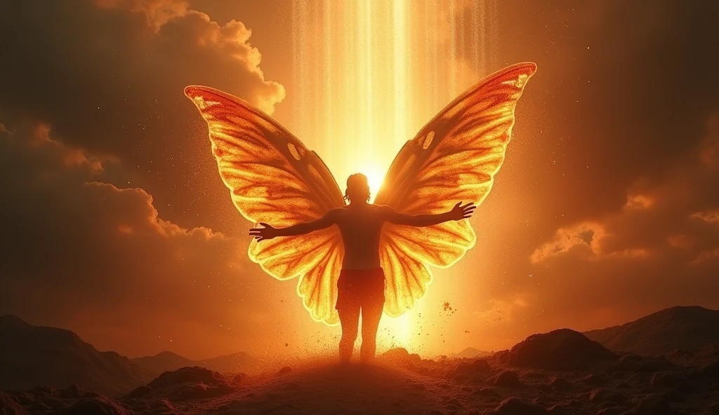 A dramatic scene of a person breaking through a barrier or emerging from a cocoon, symbolizing a breakthrough or new beginning. The background is a mix of dark and light, emphasizing the transition and potential of Aries’ energy. --ar 16:9