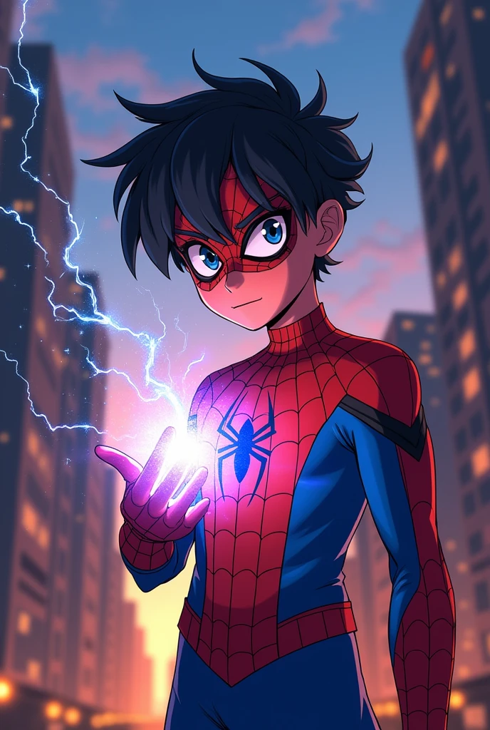 Anime boy with fringe cut and with a power in his hand and with a Spiderman mask on his face 