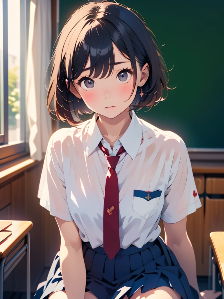 (Tabletop, highest quality:1.2), 8k, 18-year-old, 85mm, Official Art, RAW Photos, absurdes, White dress shirt, Cute Face, close, Upper Body, Viola Lace, Gardenia, beautiful girl, , (Navy Pleated Skirt:1.1), Cinch waist, Thighs, Short sleeve, classroom, ponytail、short hair、short hair、sit on bench seat, Looking at the audience, No makeup, (smile:0.4), Film Grain, chromatic aberration, Sharp focus, Face Light, Bright lighting, Teen, Detailed face, Background blur, (Dark red tie:1.1)、Japanese school classroom、classroom
