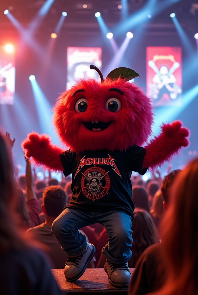 A fluffy apple with arms and legs wearing a Metallica shirt at a Megadeth concert