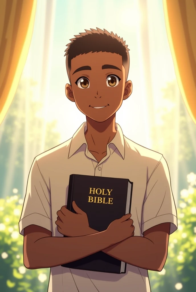 Images of a humble, young black man with short hair in anime holding the Holy Bible. 
