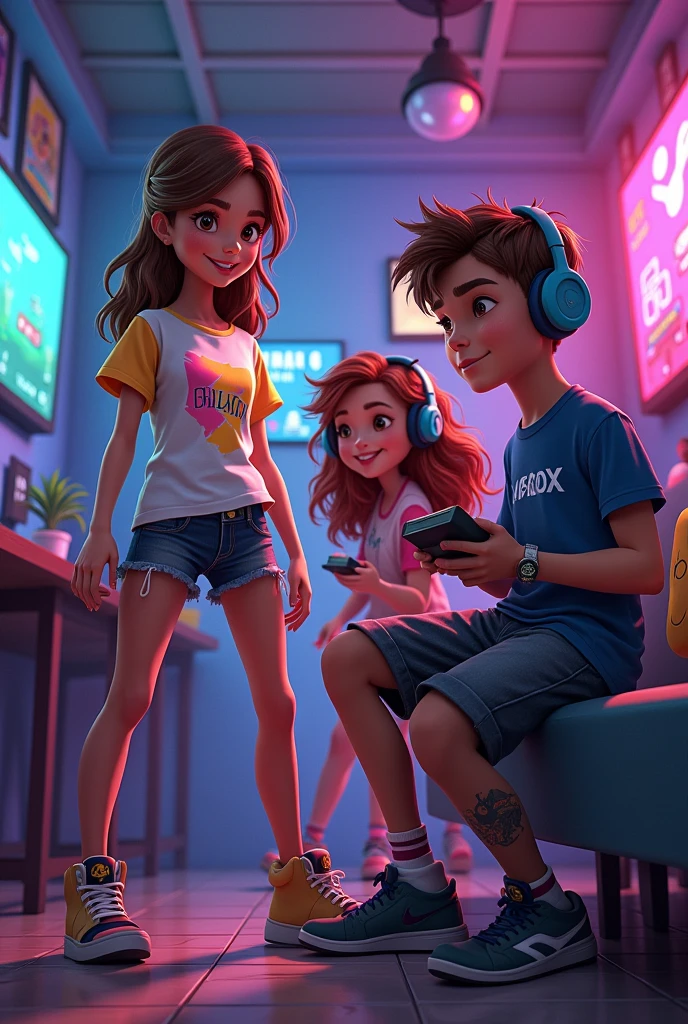 Une fille avec le logo Playstation, un garçon avec le logo Xbox, une fille avec le logo Nintendo, et un garçon avec le logo steam pourtant sur ses mains un ordinateur portable et un casque sur la tête animé
