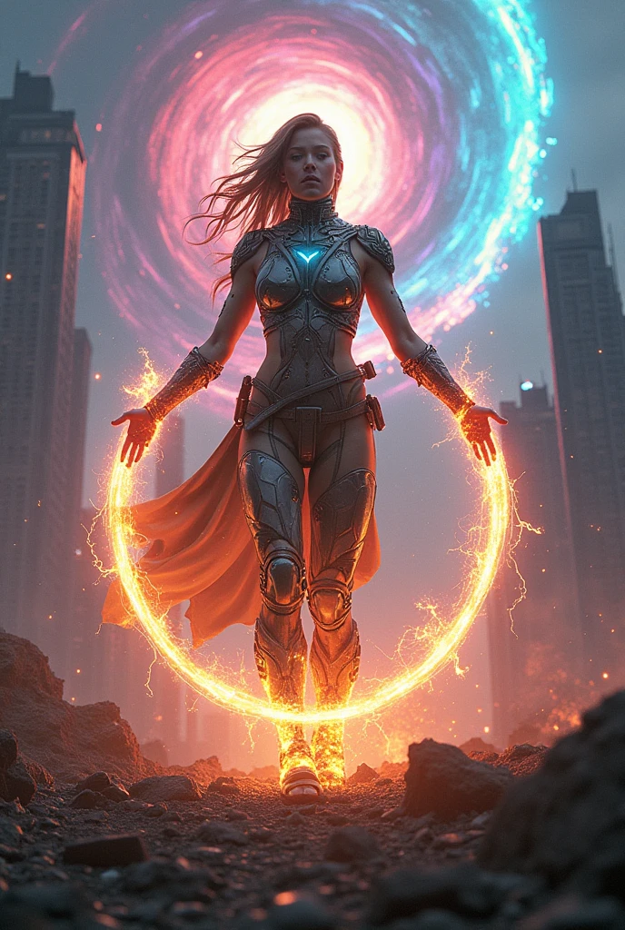 Post-apocalyptic warrior, women, clad in cybernetic armor, radiating light and infinite power, He forms an energy whip that emanates from his hands, prostrate before the defeated celestial enemy