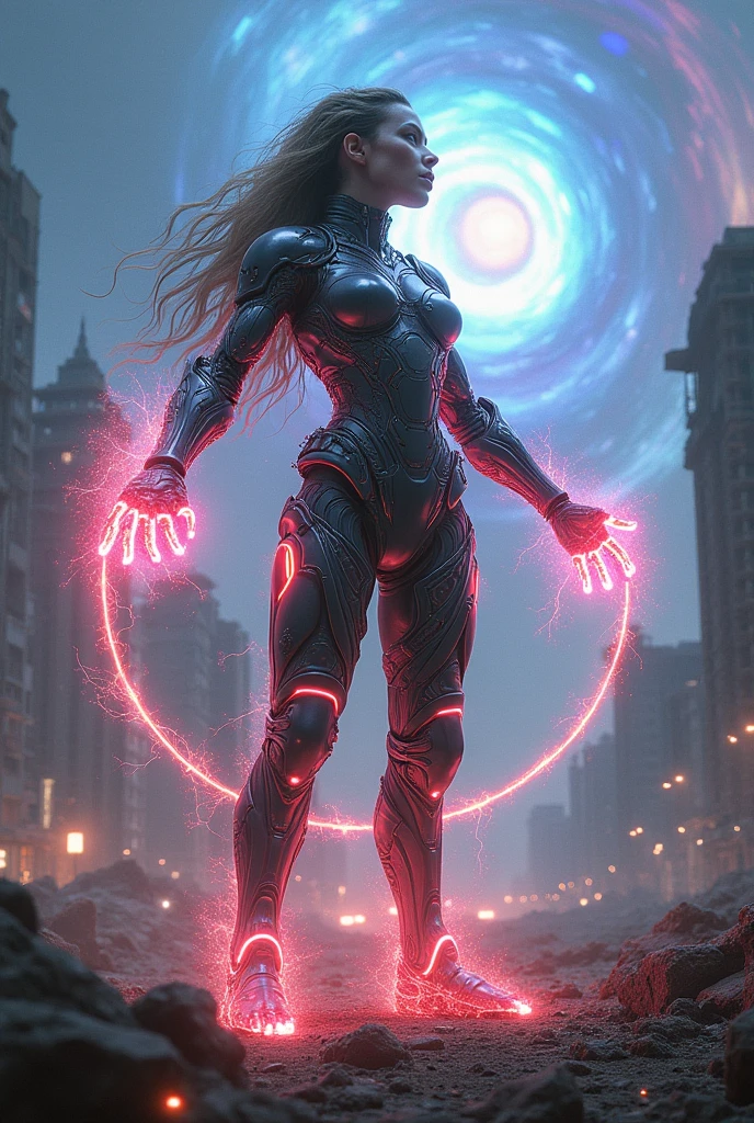 Post-apocalyptic warrior, women, clad in cybernetic armor, radiating light and infinite power, He forms an energy whip that emanates from his hands, prostrate before the defeated celestial enemy 