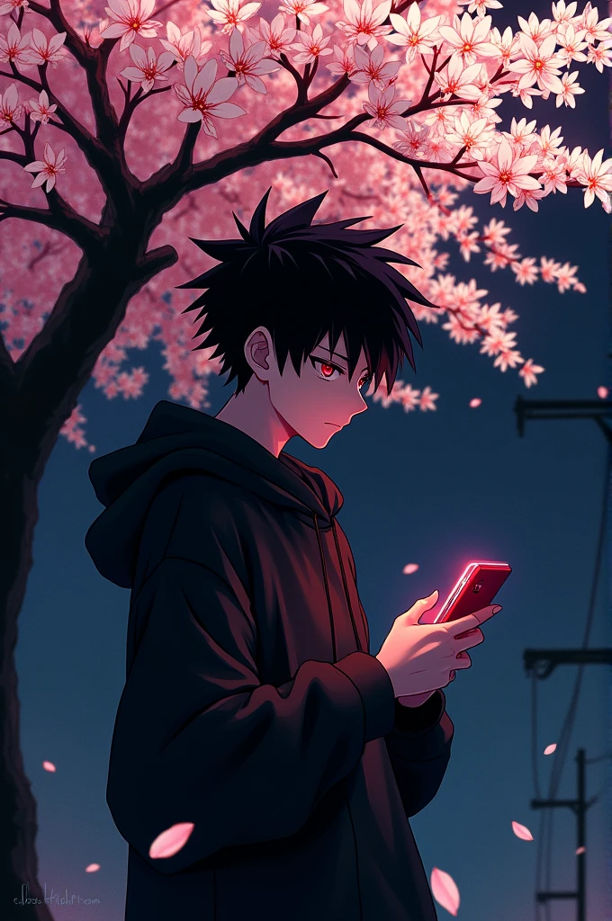 Blossom tree theme , White , black , Blood red colour , dark background , Anime boy , Spiky hair , black hoodie , red eyes , narrowed eye , playing phone