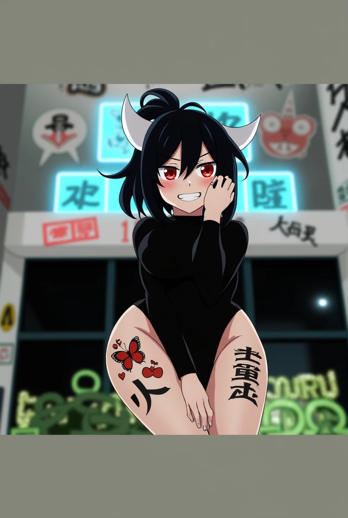 anime mommy with messy black hair tied up, 2 white horns, sexy bodysuit, butterfly tattoo and Japanese letters on thighs, red eyes and perverted face, No sleeves on the shoulders just on the arms