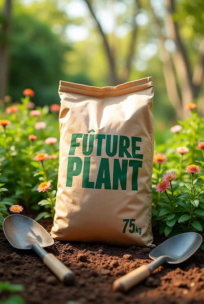 (photorealism:1.2), bag of fertilizer, Brand Name "future plant", The bag weighs 75 kilograms