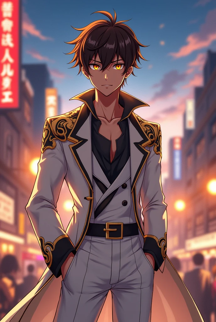 A brown-skinned male anime character with brown hair and golden pupils, wearing white clothing with black and gold accents.