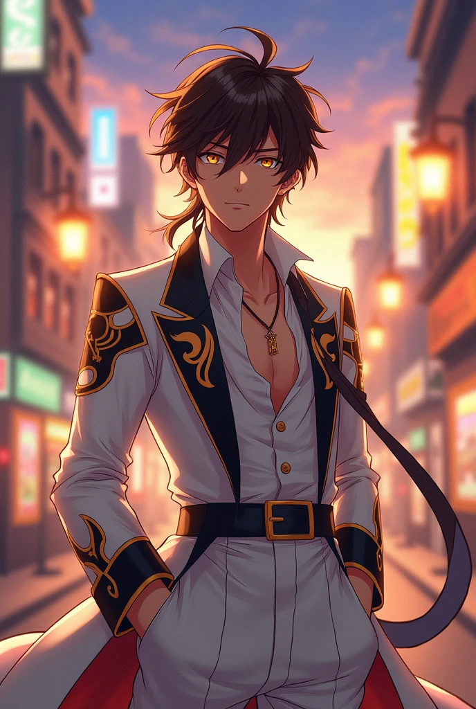 A brown-skinned male anime character with brown hair and golden pupils, wearing white clothing with black and gold accents.