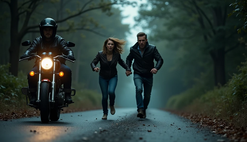 Create a realistic image of a motorcyclist chasing a couple, reflect fear on the couple's faces