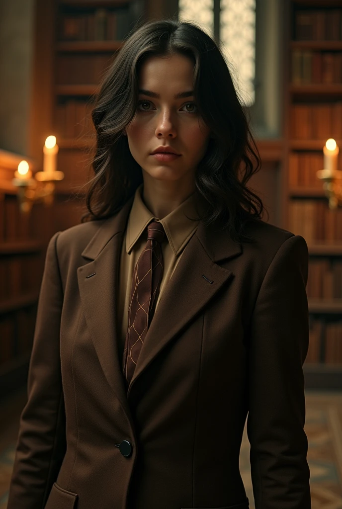 Sonata Dusk as slbus dumbledore Young
jude law female with brown suit and brown necktie with a gun