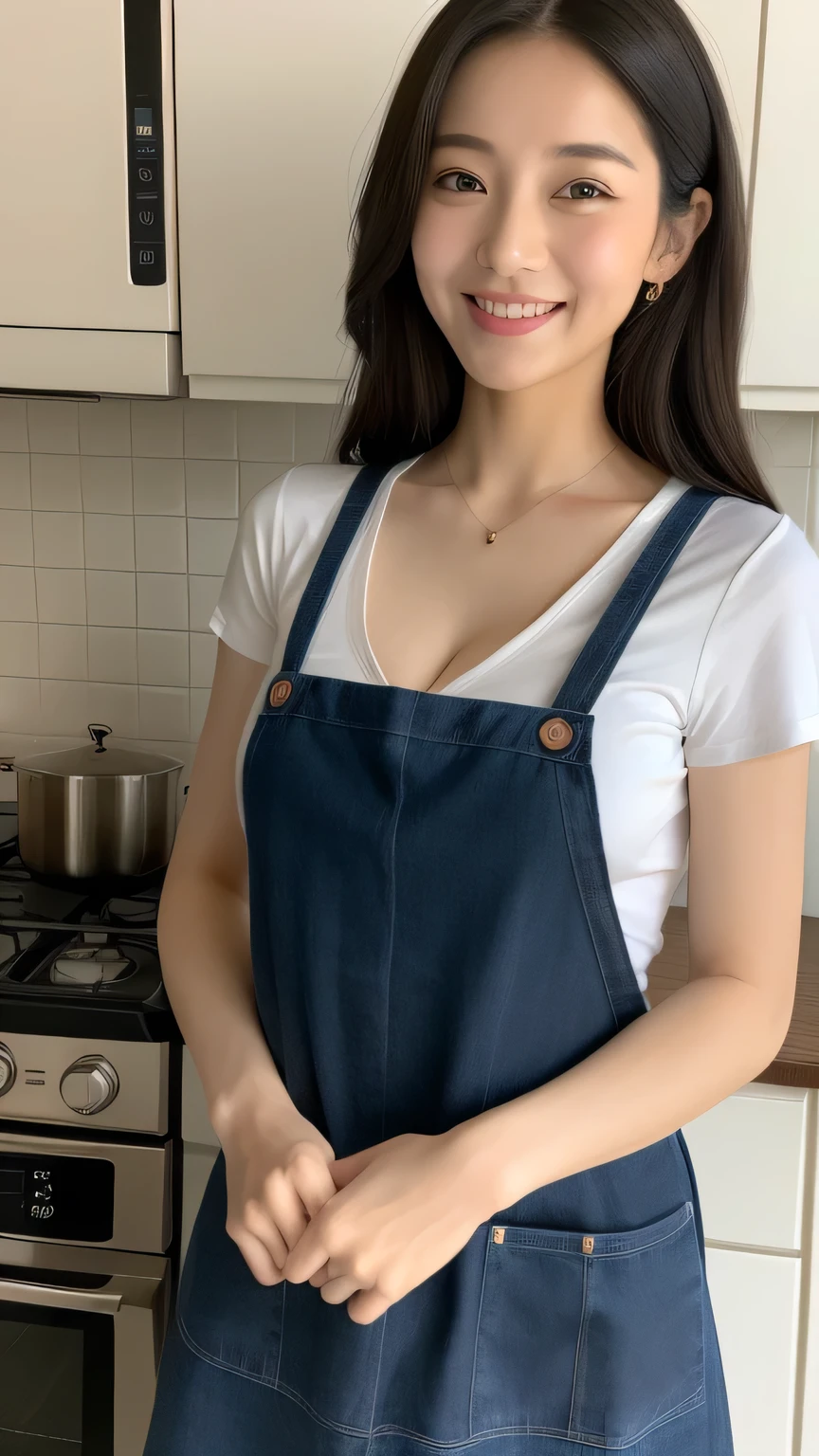 (highest quality、8k、masterpiece:1.3)、Beautiful woman with perfect figure:1.4、Dark brown long hair、30 years old、Wearing a pendant、Wearing a blue apron、White shirt、Wide open chest、Emphasize cleavage、In the kitchen、Highly detailed face and skin、Fine grain、double eyelid、Big Breasts 、Laughter、 Big Asuscular,full body,立ち絵, 口を開ける, 大きな胸,
