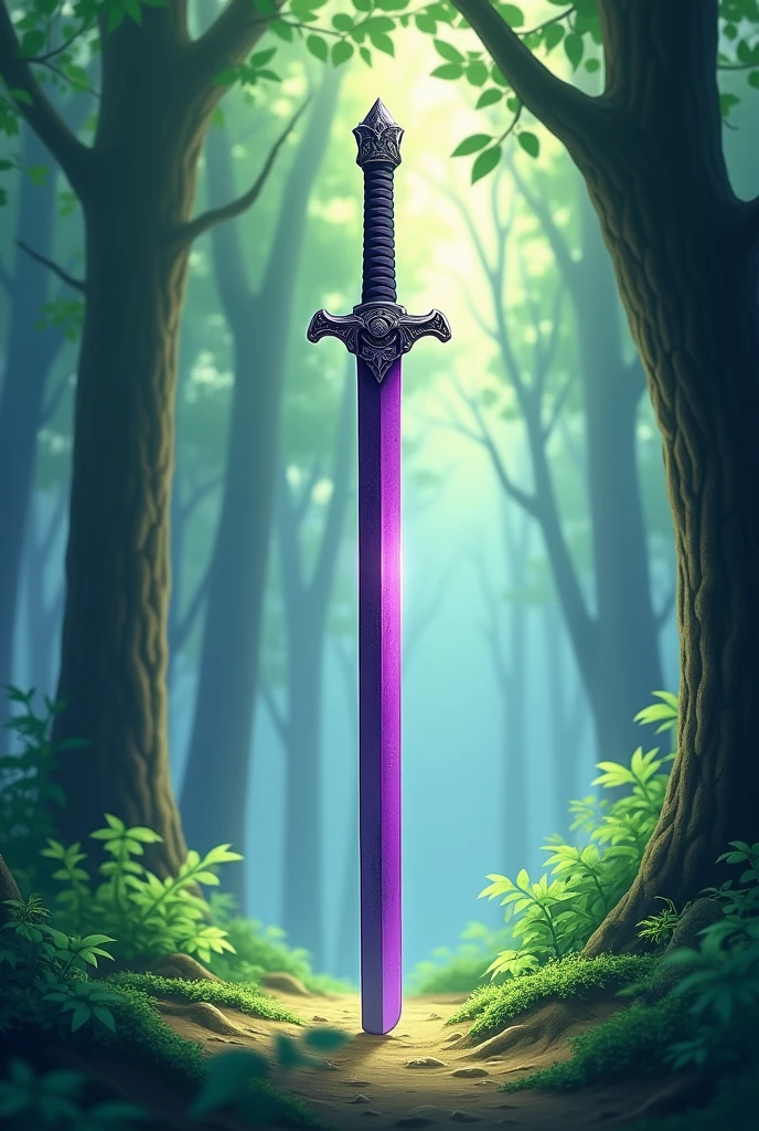 a large katana with its pommel and crossguard intertwined, blade color predominantly purple, style of anime, forest background, create with full body, powerless and without any power or effect, 
