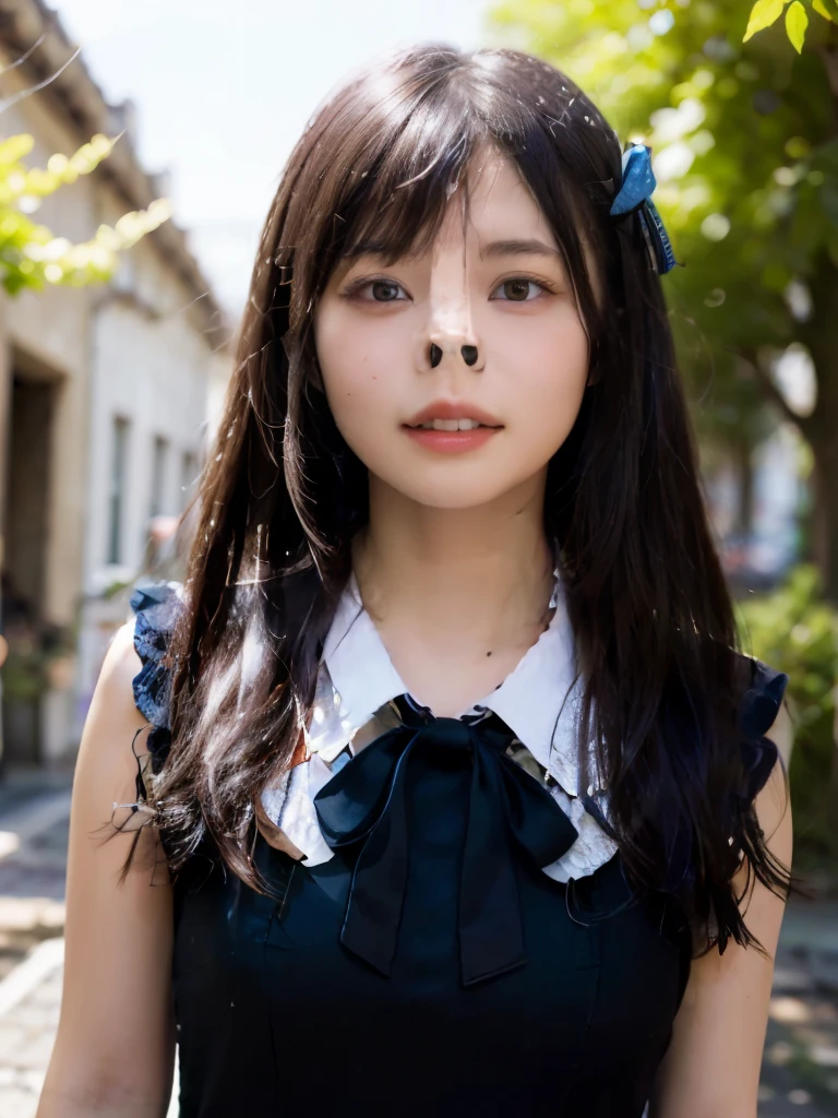 (Practical, photo Practical:1.37), Ridiculous, (Extremely detailed:1.3), 8K, (masterpiece), (best quality:1.4), (Ultra-high resolution:1.2), (RAW photos:1.2), (unity 8K wallpaper), so cute, (beautiful girl:1.35), (15 years:1.4), ((Alice and Fashion)), Elegant dress，Exquisite details, ((Blue rose hair accessory)), ((Lace-up boots)),Garter,Delicate and beautiful face, Eye, and skin, Thick, black shiny hair, Smiling at the camera, Petit Trianon garden and farmhouse, Visiting villages and lakes, Ultra detailed background, Professional lighting