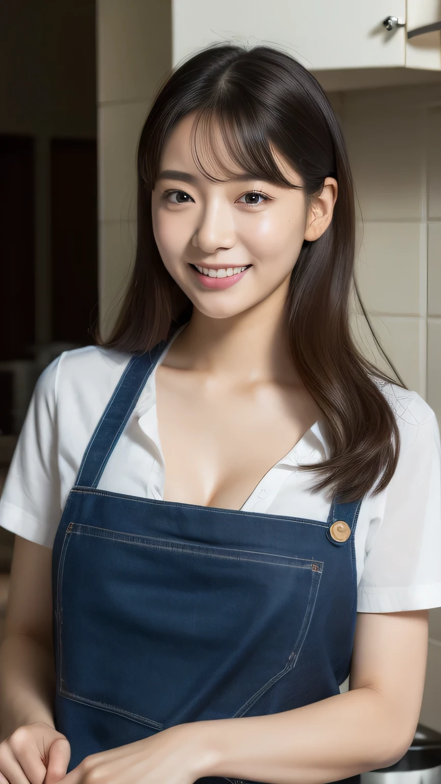 (highest quality、8k、masterpiece:1.3)、Beautiful woman with perfect figure:1.4、Dark brown long hair、30 years old、Wearing a pendant、Wearing a blue apron、White shirt、Wide open chest、Emphasize cleavage、In the kitchen、Highly detailed face and skin、Fine grain、double eyelid、Big Breasts 、Laughter、 Big Asuscular,full body,立ち絵, 口を開ける, 大きな胸, 
