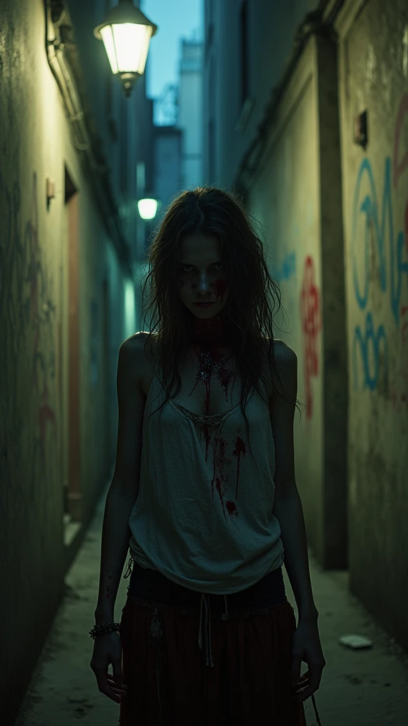 A scary and disturbing dirty bloody lady full body