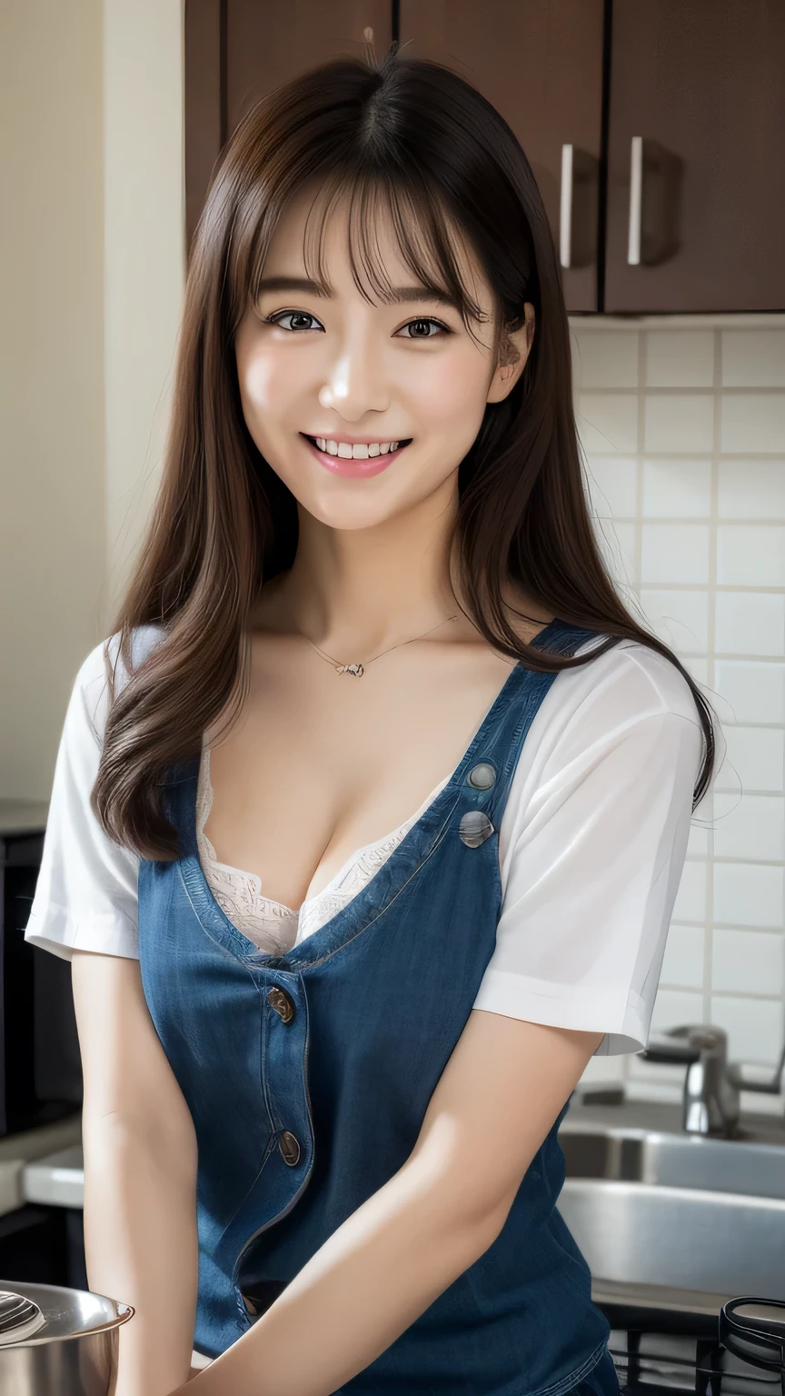 (highest quality、8k、masterpiece:1.3)、Beautiful woman with perfect figure:1.4、Dark brown long hair、30 years old、Wearing a pendant、Wearing a blue apron、White shirt、Wide open chest、Emphasize 、In the kitchen、Highly detailed face and skin、Fine grain、double eyelid、Big Breaer、 Big Asuscular,full body,立ち絵, 口を開ける, 大きな胸,