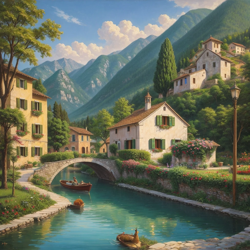 Beautiful oil painting of a village, Villa Bella, Italy, Sung Kim