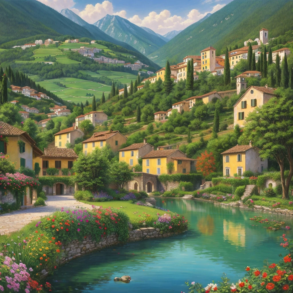 Beautiful oil painting of a village, Villa Bella, Italy, Sung Kim