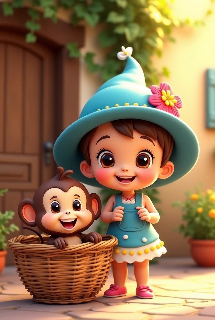 Cartoon Baby girl with a blue hat
And a monkey inside a beautiful basket
Behind the courtyard door