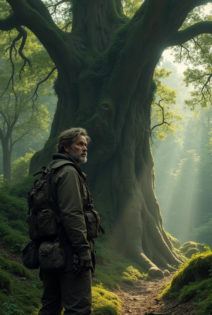 sad hunter man looking at a tree in the forest.