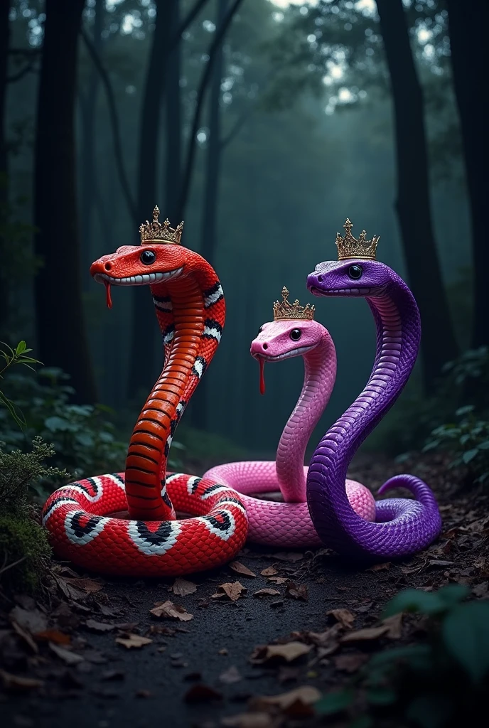 three snakes together like Regina, Karen and Gretchen from MEAN GIRLS.

first snake a mamba, with fire red white and black color, and a small crown with an gressive pose.

second snake a viper, with baby pink color, and a soft princess tiara with a cute pose.

third snake a rattlesnake, with deep bright purple color, with a QUEEN crown wiith a hypnotizing pose.

All Together in a black forest, all three snakes spitting acid venom.