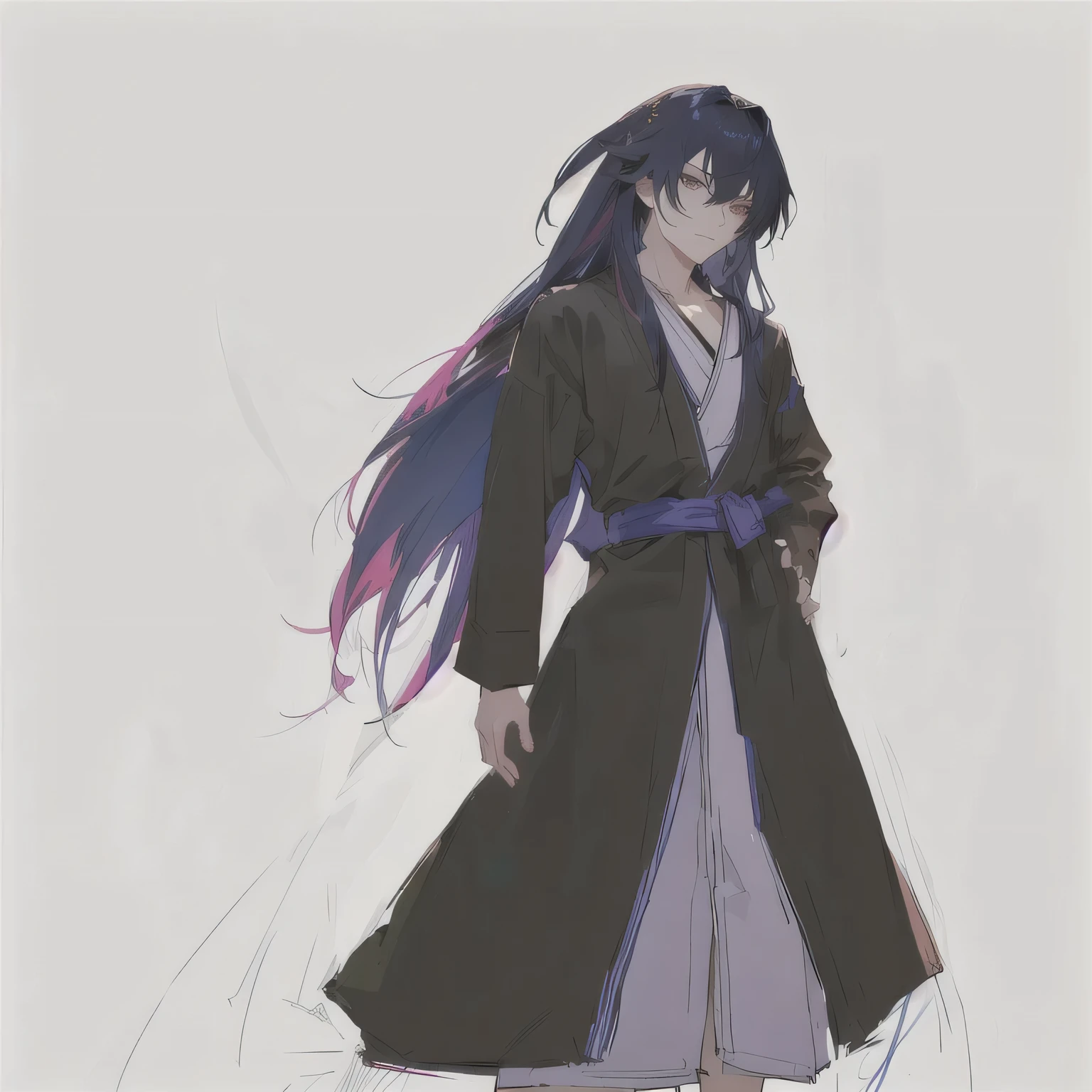 Male characters、Long Hair、Wearing a robe、The left hand is on the hip、Character portrait