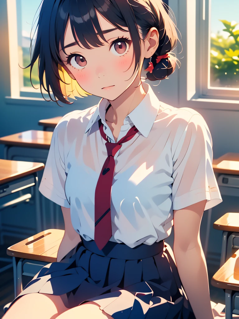 (Tabletop, Highest quality:1.2), 8k, 18-year-old, 85mm, Official Art, RAW Photos, absurdes, White dress shirt, Cute face, close, Upper Body, Viola Lace, Gardenia, beautiful girl, , (Navy Pleated Skirt:1.1), Squeeze the waist, Thighs, Short sleeve, classroom, ponytail、short hair、short hair、sit on bench seat, Looking at the audience, No makeup, (smile:0.4), Film Grain, chromatic aberration, Sharp focus, Face Light, Bright lighting, Teen, Detailed face, Background Blur, (Dark red tie:1.1)、Japanese school classroom、classroom