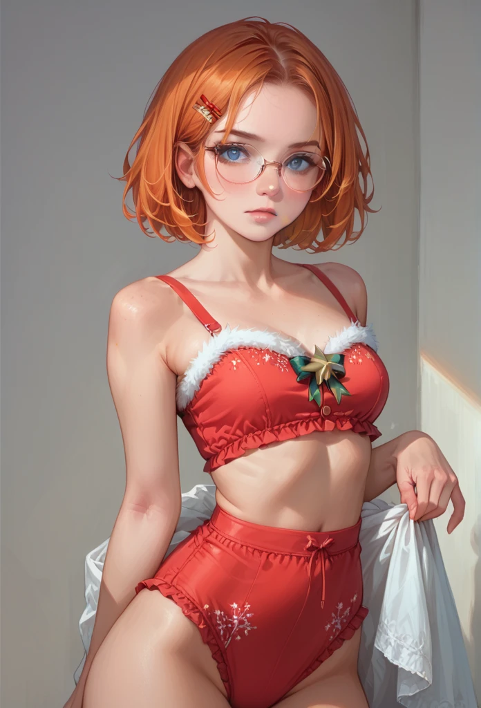 8k, masterpiece, best quality, realistic, highly detailed, cowboy shot, 1girl, erotic , solo,  serious looking girl, medium-length hair, expressive, reddish-orange hair, a pair of star-shaped hairpins near both of her eyes, dark blue eyes, average height, well shaped erotic figure, glasses, cute, sexy santa lingerie 