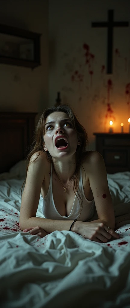 exorcist, An old house deep in the mountains of Europe, A beautiful American age girl possessed by a demon, On the bed, (Yellow Eyes、The pupils are), Arms tied to bed, Leg sheets, Girl in a whitish camisole, Self-inflicted scars on the face or body, Girl opens her mouth wide, Brow wrinkles, Growling in demonic form, Baby Face, Beautiful America, Various hairstyles、Blonde、1, Wounded Body, Pale Skin Tones, A bleak, dark room, Candles on the shelf, A Christian cross hangs on the wall, Dirty skin and clothes, Bloodstained Sheet, Veins on the face, Scars on the wall、Bloodstain、Creepy