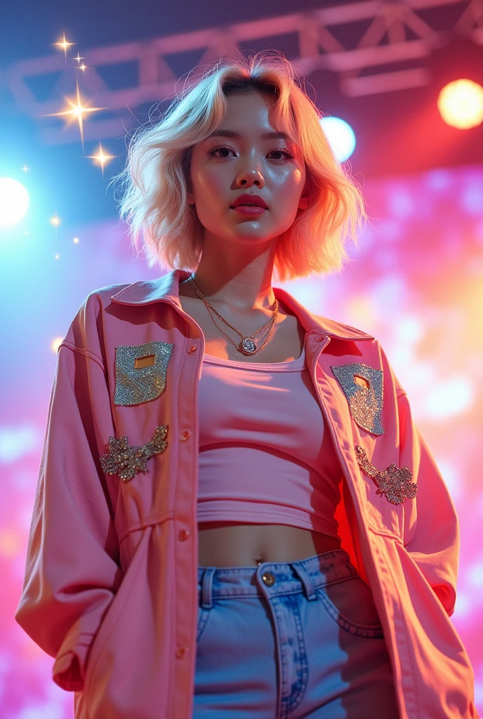 uma idol de k-pop, uma versão feminina de Beomgyu do Tomorrow by Together com cabelo loiro curto
