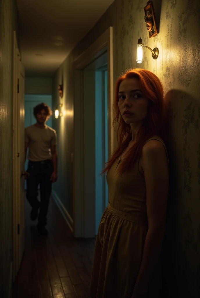 Create an image of a beautiful girl, redheadwear, dainty, pretty, VERY PRETTY in a typical murder movie house with fear, and she is in the hallway, and a handsome young blonde man is on the other side of the hallway with a crazy look on his face