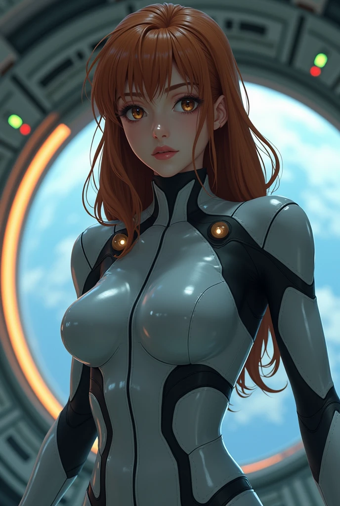 (Photorealsitic:1.4)、female、45 year old、Soryu Asuka Langley、Eva Unit 2 pilot、Colossal 、extremely busty,A slender、((((Wearing a gray pilot suit))、top-quality、extremely delicate and beautiful、high resolution、beautiful illuminating、1girl in、tall philanthropist、Earth Eye、Brown hair、(So real that you can mistake it for a photo)、illuminating the face、illuminating、face perfect、(Ultra-detailed eyesnose-mouth-tongue)、sexypose、illuminating the face、(Draw the whole body)、face perfect、space station,, upper body, cowboy shot,