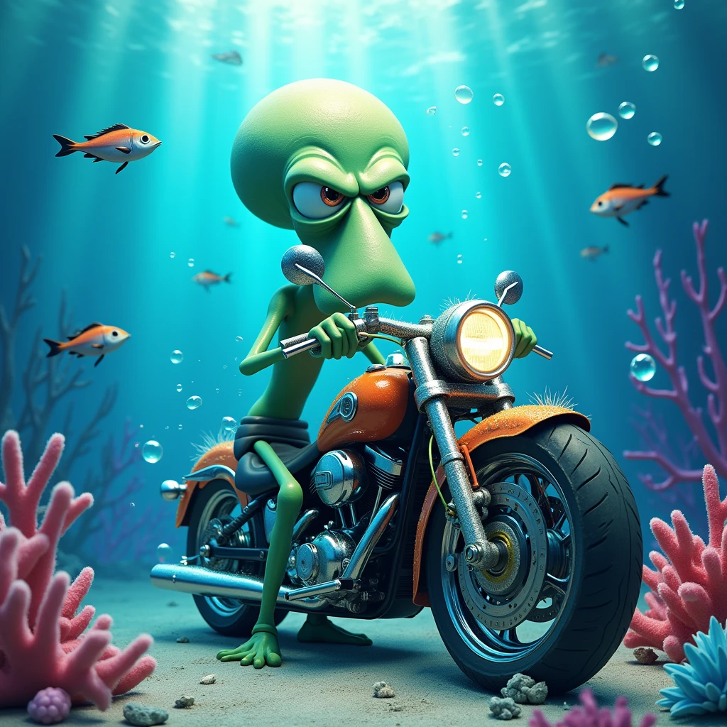 Draw Squidward Tentacles angry looking at the viewer, behind a motorcycle, under the sea