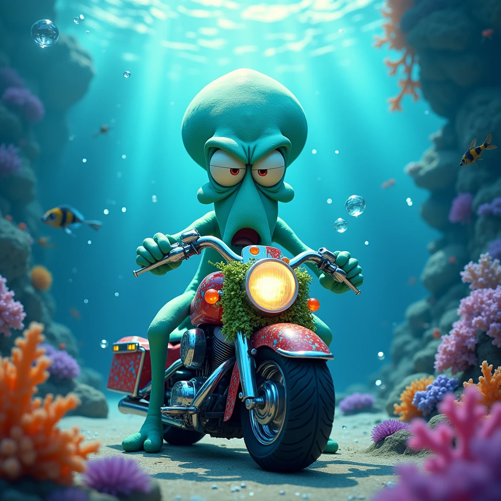 Draw Squidward Tentacles angry looking at the viewer, behind a motorcycle, under the sea