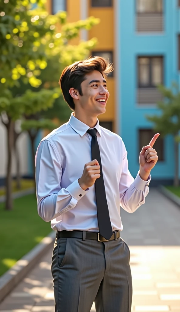 male student wearing a long-sleeved shirt, hands at the sides, black tie, Gray pants, standing in a schoolyard in hd, looking to the side with a big smile, pointing to the right, In the foreground
