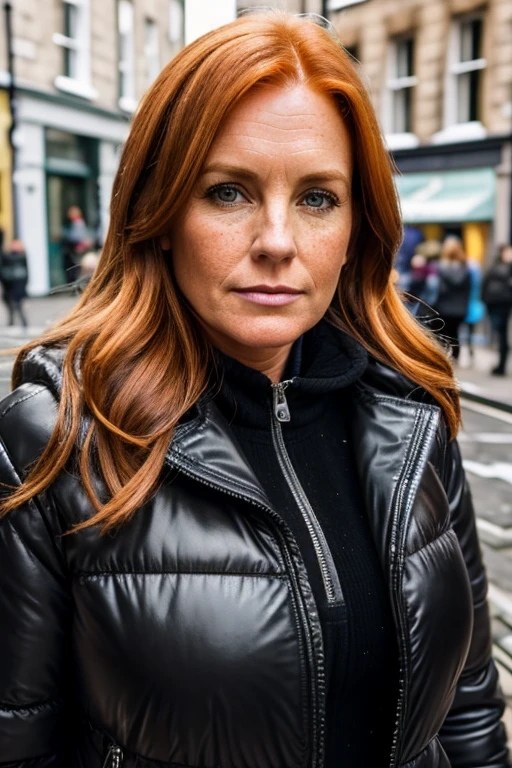 Medium view, of middle aged, 40 year old, mom, gilf, milf, face portrait, chubby, freckles, long ginger hair, black moncler puffer jacket, leather leggings, in dublin