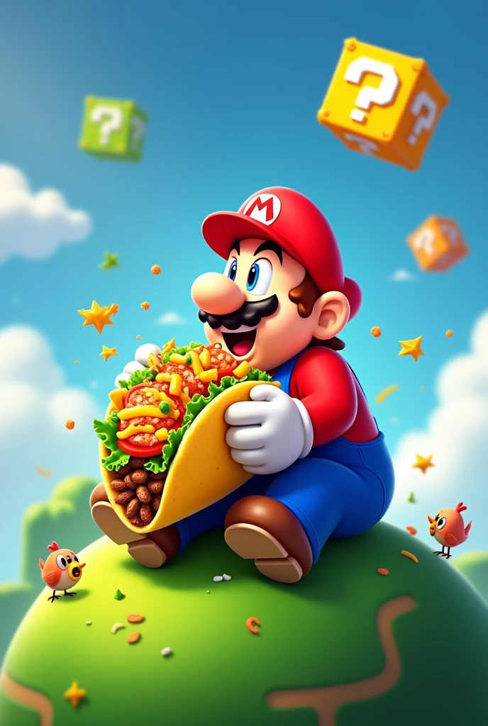 Create an image of a fat Mario.
The fat Mario ate a giant taco. 
