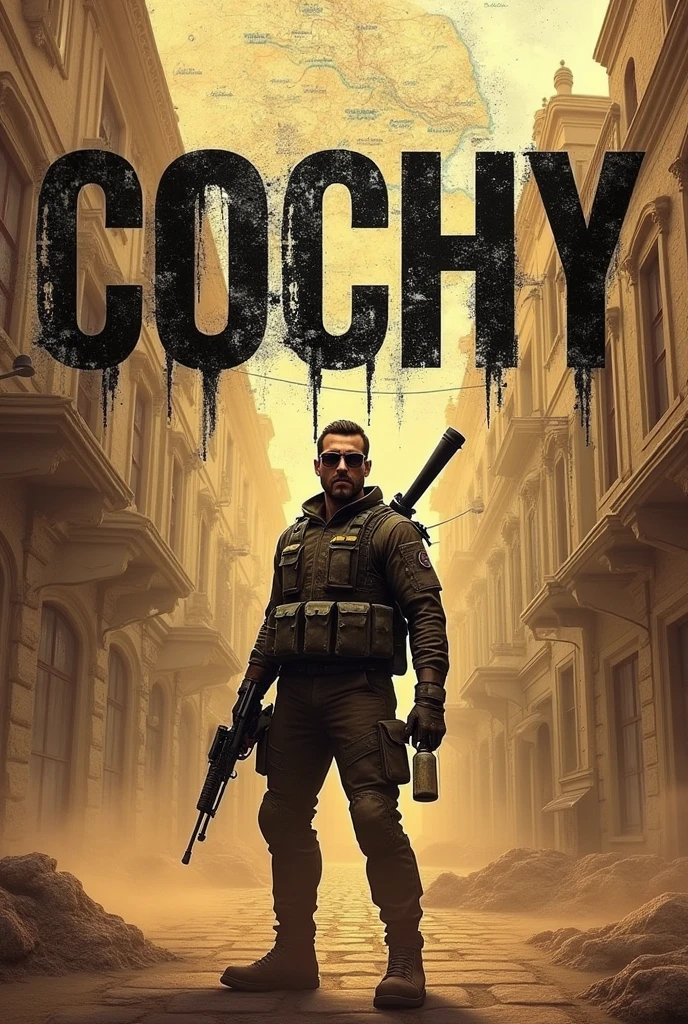 I want you to make a banner with the following name COCHY. I want you to put the map of Dust 2 from Counter Strike in the background, the name COCHY should have a destroyed design and be pierced by a bullet. I want you to include a character from COUNTER STRIKE 2 and have the C4 and a grenade appear.