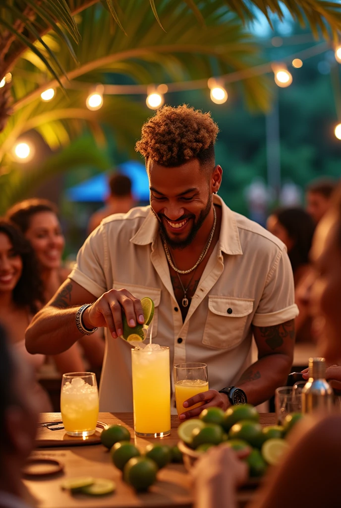 I want you to make Neymar preparing some cairpirinhas at a party with lots of people 