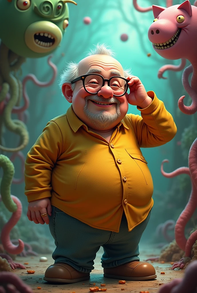 As a cute and creepy style character、Draw an old man。He has a round body、He has a slightly bald head and wears glasses。He wears a simple shirt and pants、Express him in colorful hues。His expression is charming、Include scenes of him with a slightly embarrassed smile or winking.。The character's movements and poses are humorous、Make him look approachable。